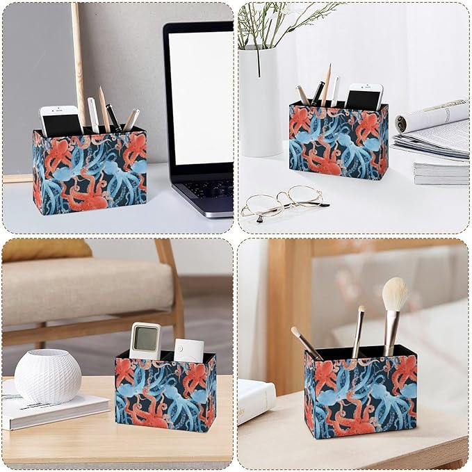 Famame Blue Red Octopus Pattern Pencil Holder for Desk, Leather Desktop Container Pen Cup Storage Study Table Pen Organizer Makeup Brushes Holder for Office Home