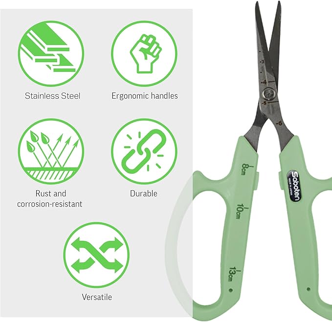 Saboten Stainless Steel Straight Blade Trimming Scissors Green PT-12 160mm Precision Gardening Bonsai and Floral Shears Made in Japan