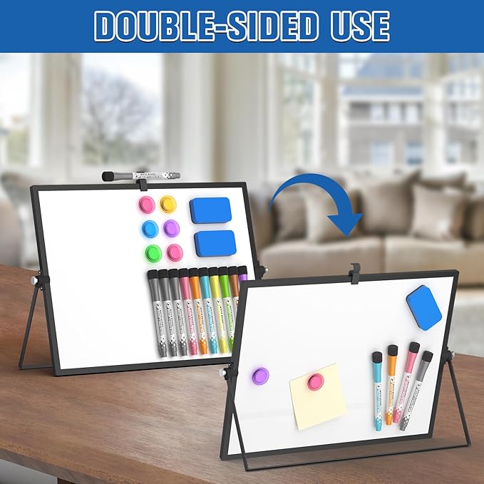 Grtard Dry Erase Magnetic White Board, 16''x12'' Double-Sided Desktop Whiteboard with Stand, Portable Small Whiteboard Set, Dry Erase Board for to-Do Lists, Drawing, Office, Home(Black)