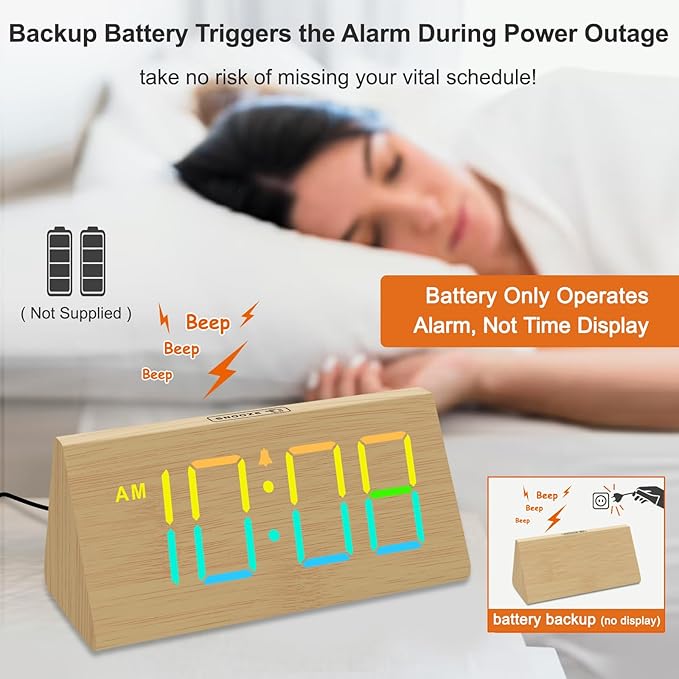 DreamSky Wooden Digital Alarm Clock for Bedroom - RGB Electric Desk Clock with Large Numbers, USB Port, Loud Alarm for Heavy Sleepers, Dimmer and Volume Control, Snooze, Wood Décor, Adapter Powered