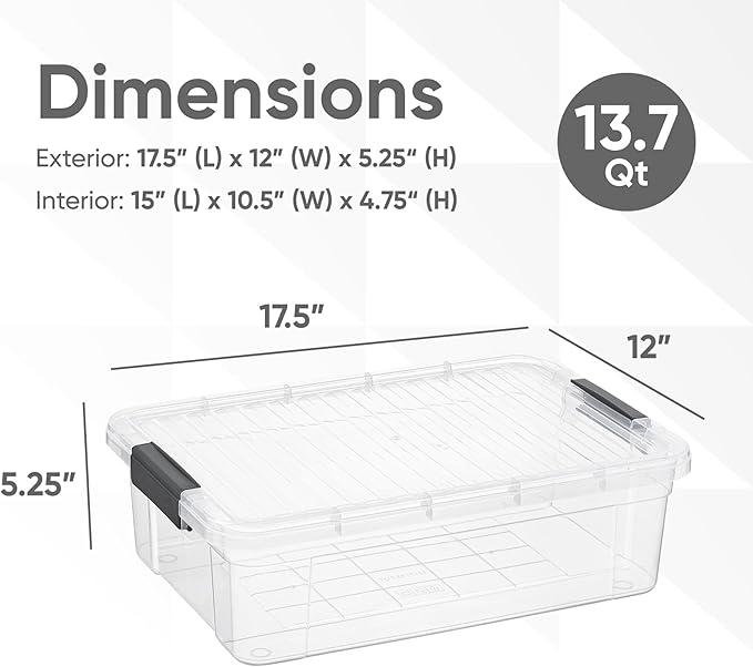 Superio Clear Storage Boxes with Lids, 13.7 Quart Plastic Container Bins for Organizing, Stackable Crates, BPA Free, Non Toxic, Odor Free, Organizers for Home, Office, School, and Dorm