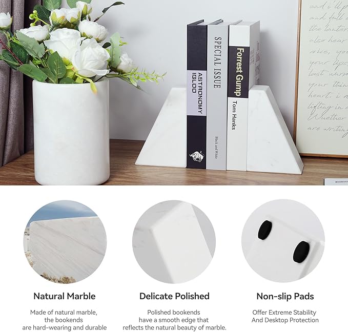 Karibiber Marble Bookends for Heavy Books, Decorative Book Ends for Shelves, White Stone Durable and Heavy-Duty Book Ends for Hardback Books & CDS, Unique Book Stopper & Holder, Set of 2
