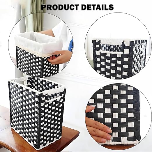Fozxsvg Black Woven Wicker 3.5 Gallon Fabric Trash Can, Storage Baskets, Waterproof Cute Waste Basket, Decorative Trash Bin for Bedroom, Office, Living Room, Kitchen
