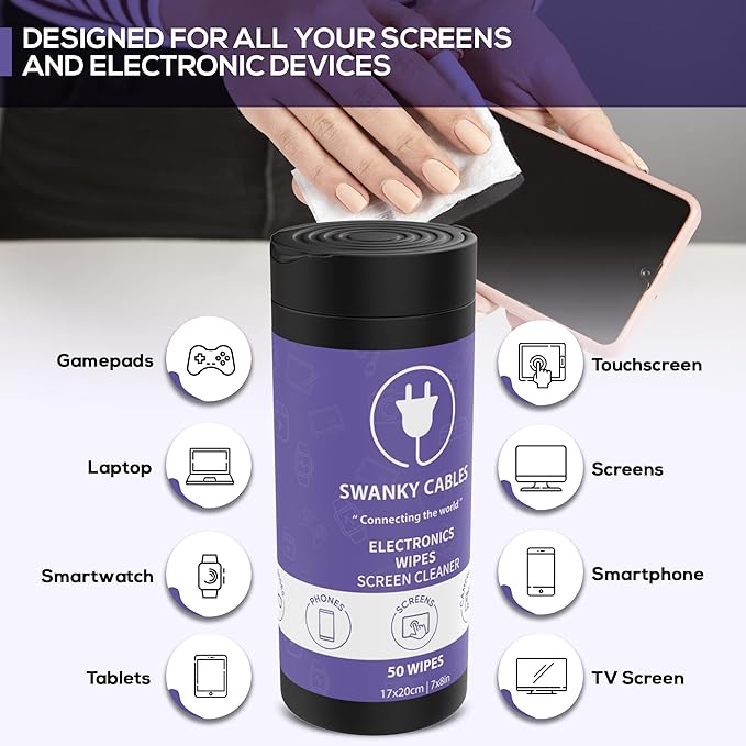 Swanky Cables Screen Cleaner Wipes: Electronic Wipes for Screens - Computer Screen Wipes for Lens, Phone, Tv Screen and Monitor Cleaning - Tech Wipes & Microfiber Cloth (Canister, 200 Count)