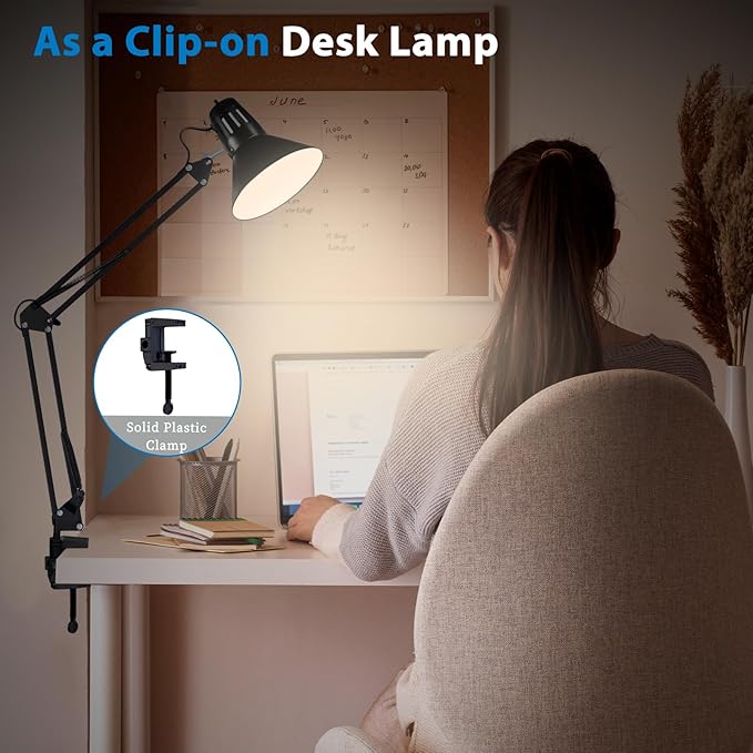 juttilax Swing Arm Desk Lamp for Home Office 360°Adjustable,Tall Metal Clamp on lamp with Bulb,Eye-Caring Clip on Desk Light for Computer Work Study Reading and Drafting