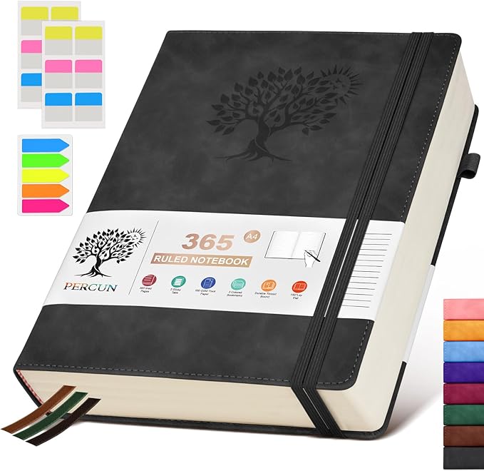 PERCUN A4 Lined Journal Notebook，365 Page Large Leather Journals for Writing Women Men，Hardcover Notebook with 100Gsm Thick Pages for Travel，Work，School，College Ruled, Daily Diary (8.5" x 11.4")
