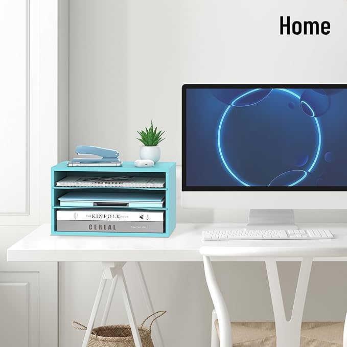 SHARKWOODS Wood Desk Organizer, 3 Tier Paper Tray Organizer for Desk with Adjustable Storage Shelves, Desktop File Organization Paper Sorter Mail Holder for Office Home Classroom, Blue