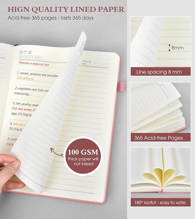 PERCUN A4 Lined Journal Notebook，365 Page Large Leather Journals for Writing Women Men，Hardcover Notebook with 100Gsm Thick Pages for Travel，Work，School，College Ruled, Daily Diary (8.5" x 11.4")