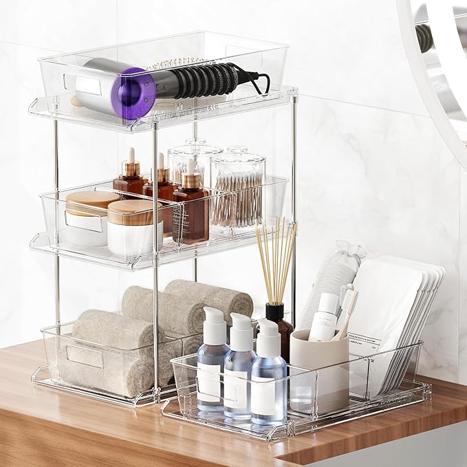 Fabspace Pull-Out Home Organizers, 2 Tier Clear Bathroom Organizer with Dividers, Multipurpose Vanity Counter Tray, Kitchen, Closet Organizers and Storage Container Bins for Cabinet, Pantry