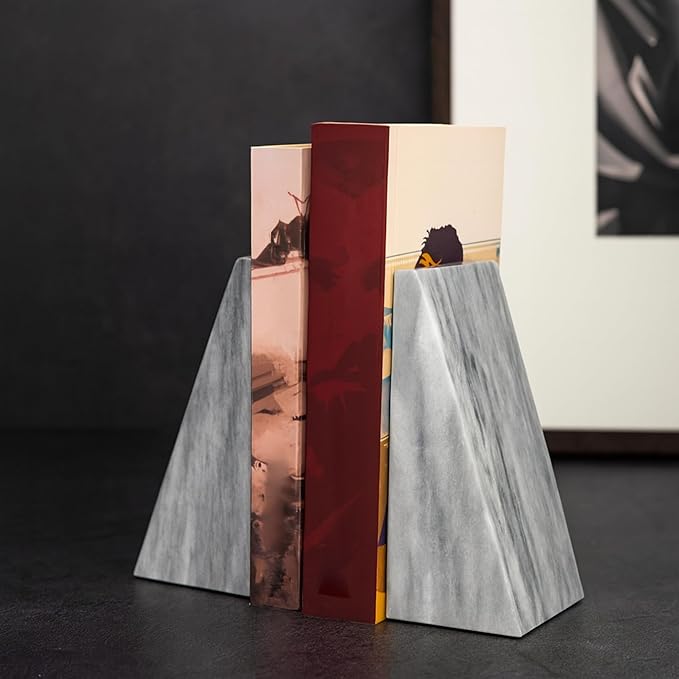 Bey-Berk Harold Carrera Marble Bookends (Grey, Set of 2), 4" x 2.5" x 6" Wedge Book Ends, 6.45 lb Solid Stone Desk and Shelf Decor