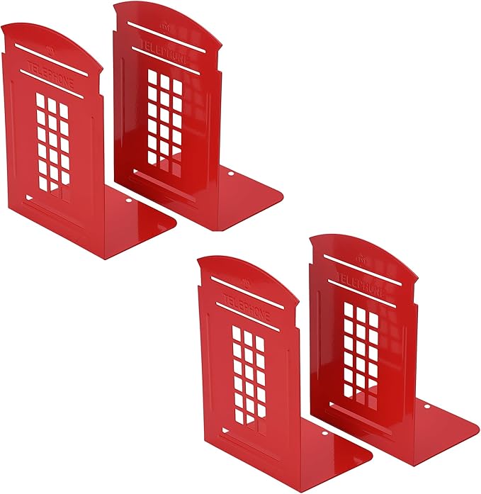 MerryNine 4 Pack Book Ends, Metal Bookends for Shelves, Telephone Booth Decorative Bookends, Non Skid Heavy Bookends, Book, Magazine or CD Organizers for Home and Office (Red-4pcs)