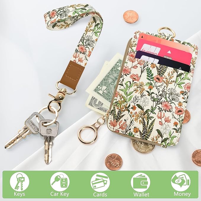 Bolimoss Aesthetic Lanyard with ID Holder for Women & Nurses - Floral ID Badge Holder with Neck Lanyard & 4 Card Slots, Side Zipper Pocket