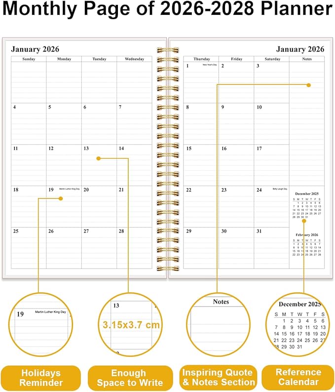2026-2028 Monthly Planner, Three Years Calendar from January 2026 - December 2028 with Spiral Binding, Inner Pocket, Elastic Closure, 38 Month Planner for Home | School | Office, 5.8" x 8.5", Green Gold Leaf