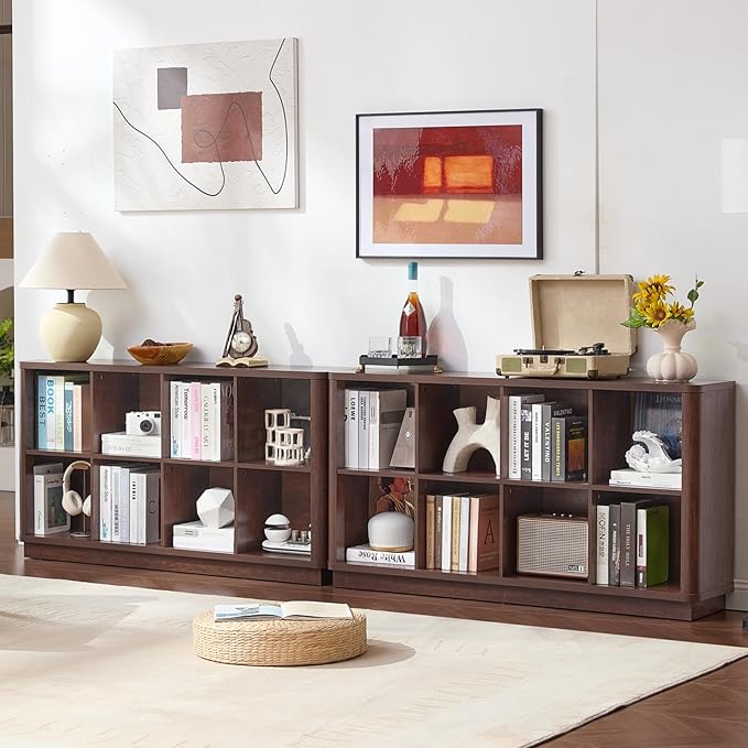 Joaxswe 8 Cube Bookcase, 52" Long Horizontal Book Shelf w/Curved Edge, Floor Standing 2-Tier Cubby TV Stand Bookshelf with Wooden Base, Farmhouse Low Storage Cabinet for Living Room, Office, Walnut