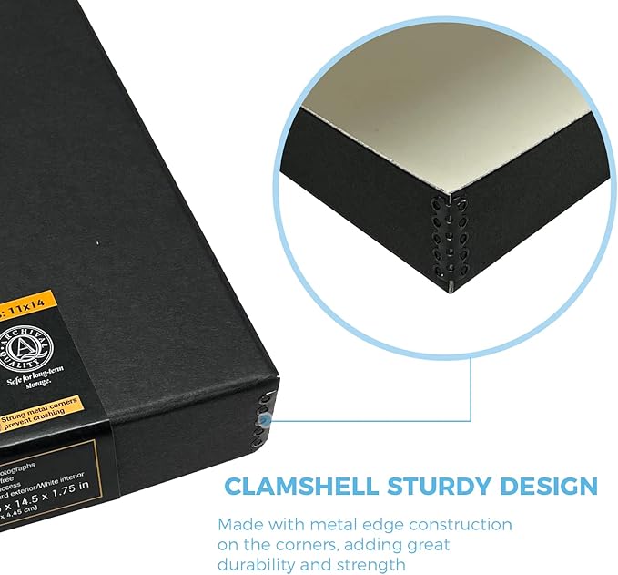 Lineco 11x14 Black Clamshell Archival Folio Storage Box. Acid-Free with Metal Edge, Preserve Photos or Documents, Crafts, DIY. (Pack of 2)