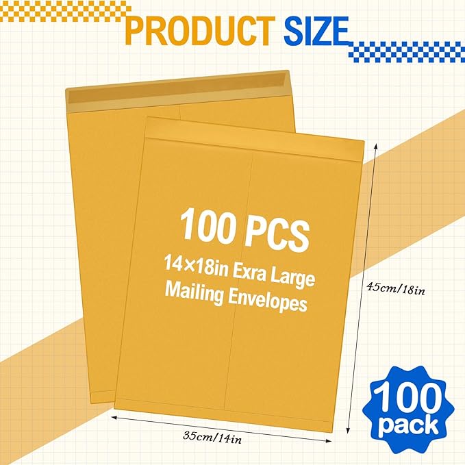 Motipuns 100 Pcs 14" x 18" Extra Large Mailing Envelopes 32lb with Gummed Flaps, Catalog Jumbo Craft Envelopes for Mailing, Storage and Organizing Documents Office Supplies(Yellow)