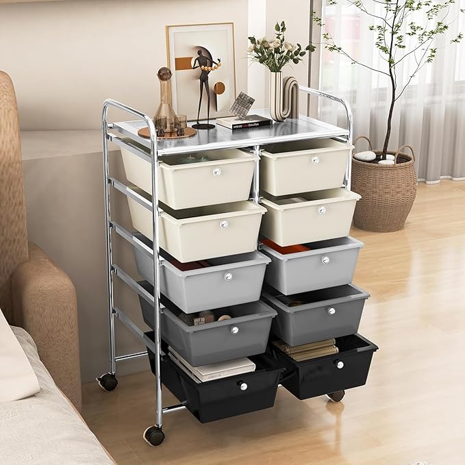 LDAILY 10 Drawer Rolling Cart, Storage Cart Organizer on Wheels, Drawer Cart with Metal Frame & Large Storage Capacity, Rolling Cart with Drawers for Living Room Classroom, Office