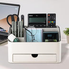 KINGFOM PU Leather Desk Organizer with Drawer, 5 Compartments Desktop Storage Caddy for Office Home Supplies, Pen Holder for Remote Control, Phone & Accessories, Mail Organizer Countertop Ivory White