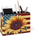 Famame Sunflower on American Flag Pencil Holder for Desk, Leather Desktop Container Pen Cup Storage Study Table Pen Organizer Makeup Brush Holder for Classroom Office Home