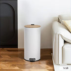 8 Gallon (30L) Step Trash Can with Soft-Close Bamboo Lid – Fingerprint-Resistant Stainless Steel, Removable Inner Bucket, Slim Round Indoor Garbage Bin for Kitchen, Bathroom – White
