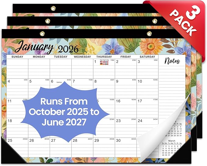 3 Pack of Desk Calendar 2026, 21 Months Calendar Runs from October 2025 to June 2027 - Large 17" x 12" Desktop/Wall Monthly Planner for Home School, or Office - Botanic Whimsy