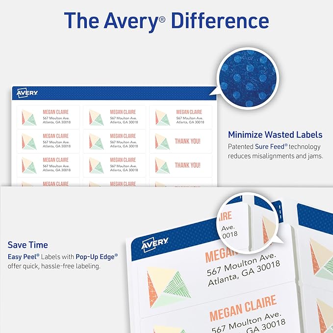 Avery Easy Peel Printable Address Labels with Sure Feed, 1" x 2-5/8" Customizable Stickers, White, 300 Blank Mailing Labels, Great for Mailing, Shipping, and More (18160)