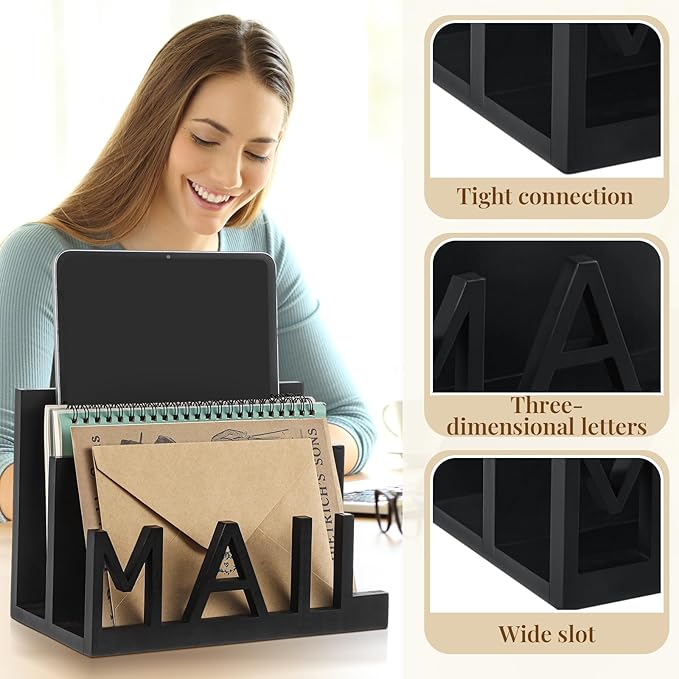 Vercraft 2 Slot Mail Organizer Holder Countertop Wooden Mail Black Letter Holder with Cutout Lettering Design for Office Desktop Envelope and Document Storage Rack