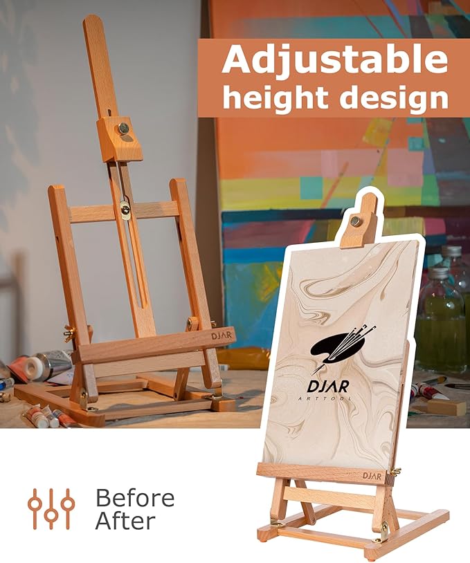 DJAR 25" Tabletop Easel for Painting, Adjustable Beech Wood Table Top Wooden Painting Easel, Portable Painting Display Drawing Stand for Teens, Adults, Students, Natural