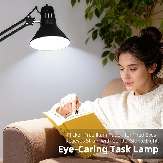2 Pack LED Desk Lamp With Clamp for Office Home, Eye-Caring Desk Light with 360°Adjustable Extra Tall Metal Swing Arm, High Intensity Clamp w/A19 E26 Bulb for Working Reading, Table Lamps White Light