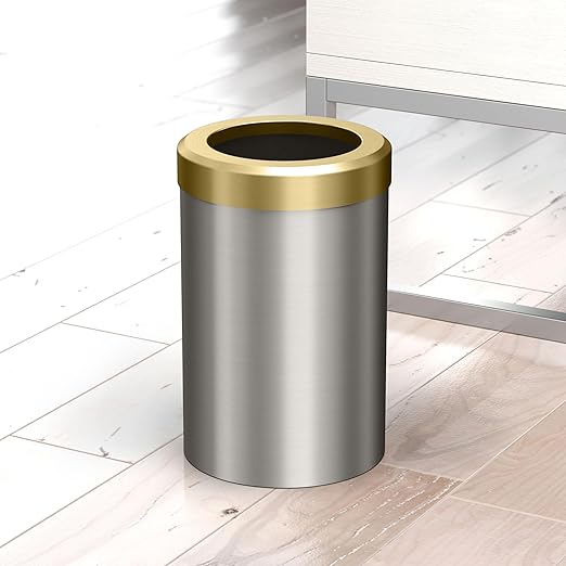 Gatco Modern Round Wastebasket, Satin Nickel and Brushed Brass Combo - Stainless Steel Trash Can with Removable Lid, Leakproof, 3 Gallon Capacity for Bathroom, Bedroom, Kitchen, or Office