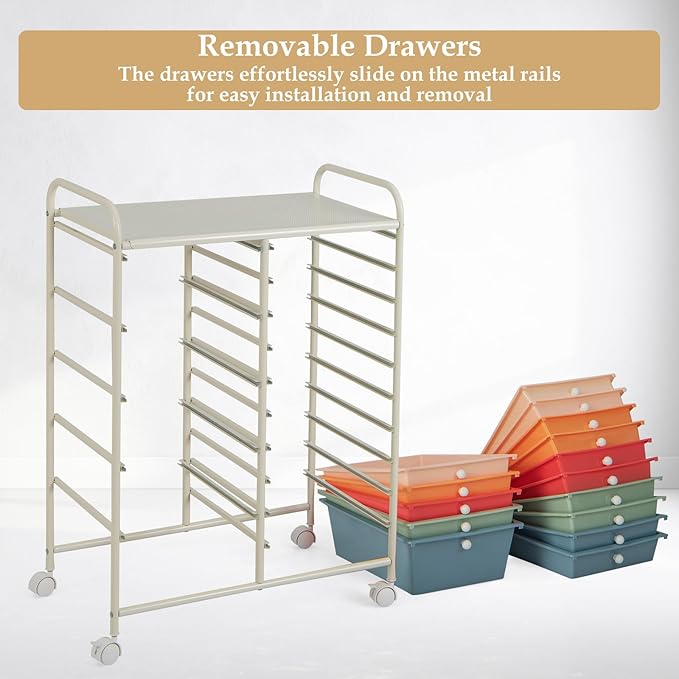 HAPPYGRILL 15-Drawer Rolling Cart, Storage Carts with Removable Drawers & Steel Frame, Utility Cart on Lockable Wheels for Home, School, Office, Macaroon