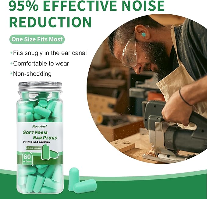 Aoutrow 60 Pairs Soft Foam Ear Plugs, 38dB SNR Slow Rebound Ear Plugs for Sleeping Noise Cancelling, Noise Reduction, Work, Swimming, Shooting, Studying, Green