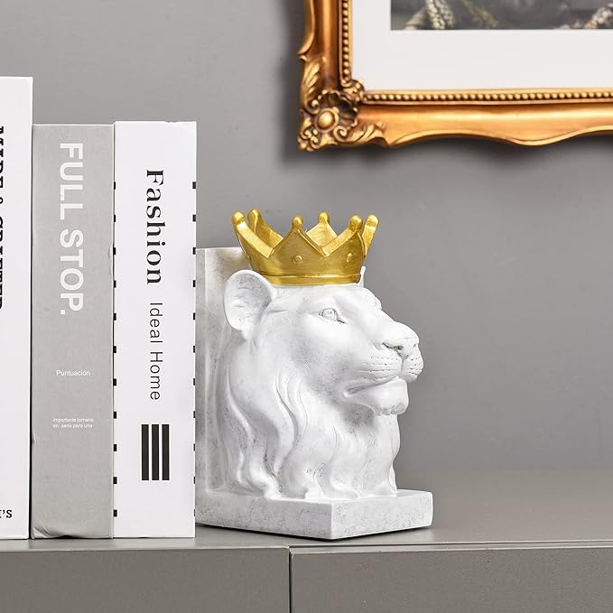 Kakizzy Decorative Lion Bookends - Modern Animal Book Stoppers for Heavy Books - White Lion Figurines