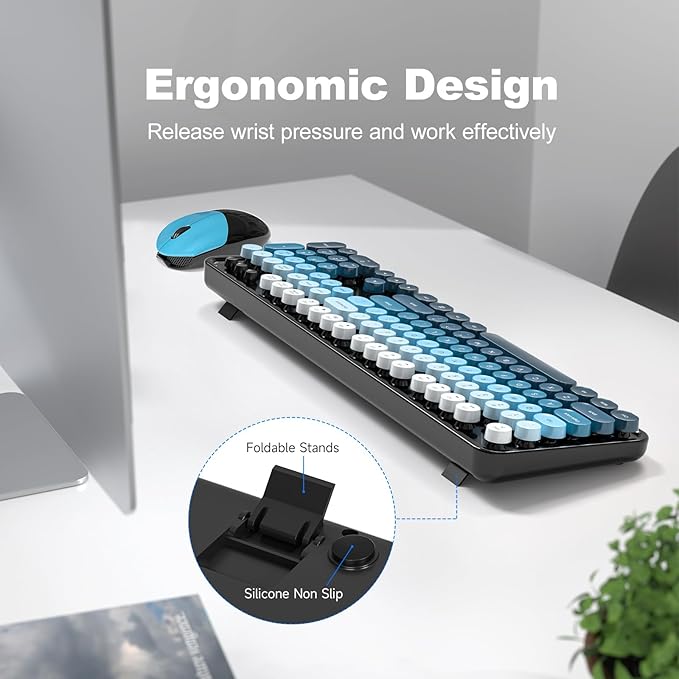 MOFII Wireless Keyboard and Mouse Combo, Full Size 2.4G Plug and Play Typewriter Retro Round Computer Keyboard and Mouse Set for Windows, Computer, Desktop, PC, Notebook - (Black Blue Gradient)