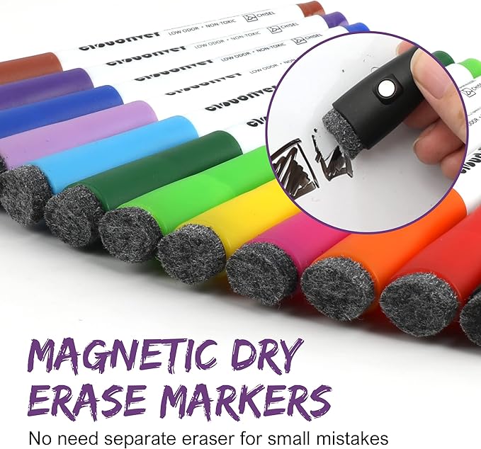 cloudriver Magnetic Dry Erase Markers, 48 Pack Whiteboard Markers - 24 Fine Tip And 24 Chisel Tip, 12 Colors Low Odor Dry Erase Marker With Eraser Cap