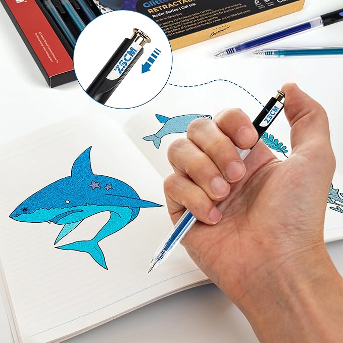 ZSCM Retractable Glitter Gel Pens, 12 Colors Large Capacity Blue Glitter Metallic Gel Ink Pen, 1 mm Fine Point Smooth Writing Color Pens for Adult Coloring Book Note Taking Aesthetic Art Supplies