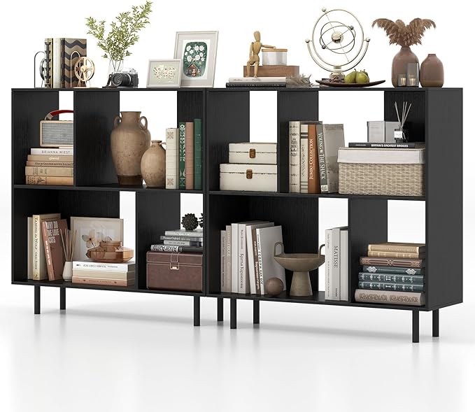 Tangkula 4 Cubby Open Bookcase, 3-Tier Freestanding Bookshelf with Detachable Metal Legs, Anti-toppling Device, Anti-Falling Baffles, Modern Cubicle Display Shelf (2,Black)