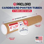 Paclord 4" x 24" Heavy-Duty Reinforced Cardboard Mailing Tube, Pack of 6 Tubes with 12 Caps – Secure USPS Approved – Great for Shipping and Storing of Prints, Artwork, Posters or Documents