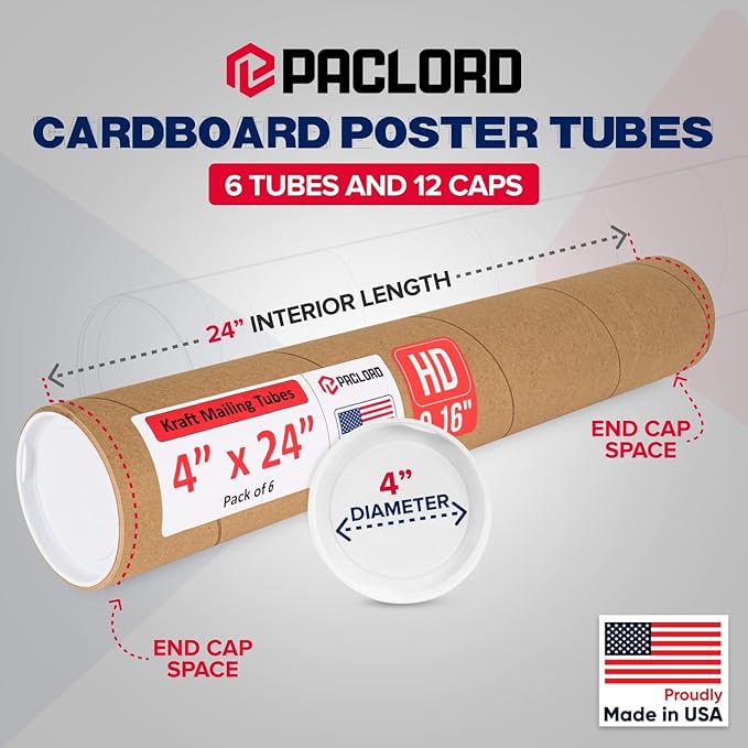 Paclord 4" x 24" Heavy-Duty Reinforced Cardboard Mailing Tube, Pack of 6 Tubes with 12 Caps – Secure USPS Approved – Great for Shipping and Storing of Prints, Artwork, Posters or Documents