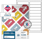MACO COVER-ALL Printable Labels for Shipping - Laser/Ink Jet Compatible Shipping Labels, 20 per Sheet, 1" x 4", Box of 100 Pages/2000 Labels, White