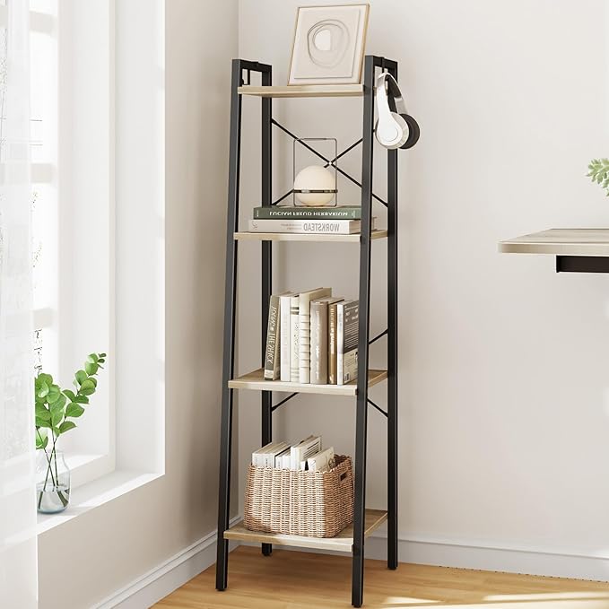 Hzuaneri Ladder Shelf, Bookshelf Bookcase, Freestanding Corner Storage Shelve with 2 Hooks for Home Office, Living Room, Kitchen, Bedroom, Industrial, 11.8" D x 13.4" W x 47.2" H, Greige BC13205B