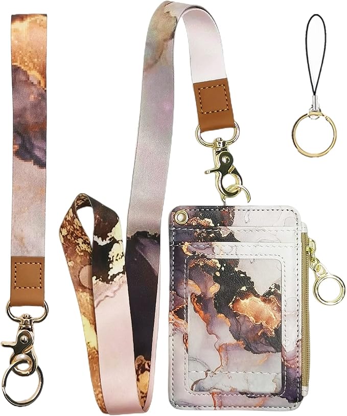 Marble ID Badge Holder with Lanyard,Card Name Tag Holders with Zipper,Vertical Lanyard Wallet for Work Office Nurse Doctor Medical Student Teacher Women Men