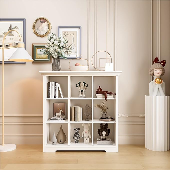 OSCHF Wooden Cube Shelf Bookcase - Modern 3 Tiers Floorstanding Open Bookshelf with Base for Home and Office, 9 Cubes Storage Cabinet, Warm White