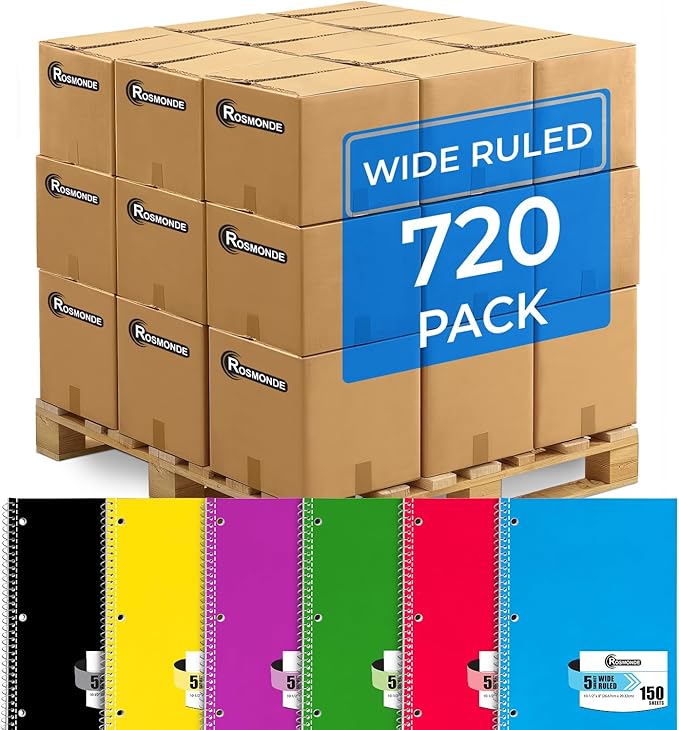 Rosmonde 720 Packs (Pallet) 5 Subject Notebooks, Spiral Notebook Bulk, Wide Ruled, 150 Sheets (300 pages), 8 x 10-1/2", Pallet of Notebooks, Bulk Spiral Notebooks for School & Office, 4-7 Days Transit