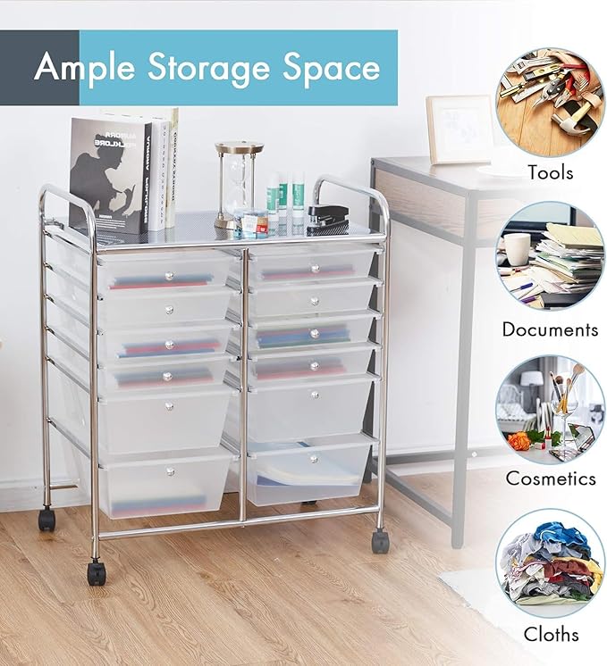 Happygrill 12-Drawer Rolling Storage Cart, Multipurpose Storage Cart W/Lockable Wheels, 2 Sizes Plastic Drawers & Metal Shelf, Mobile Utility Cart for Home Office School