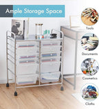 Happygrill 12-Drawer Rolling Storage Cart, Multipurpose Storage Cart W/Lockable Wheels, 2 Sizes Plastic Drawers & Metal Shelf, Mobile Utility Cart for Home Office School