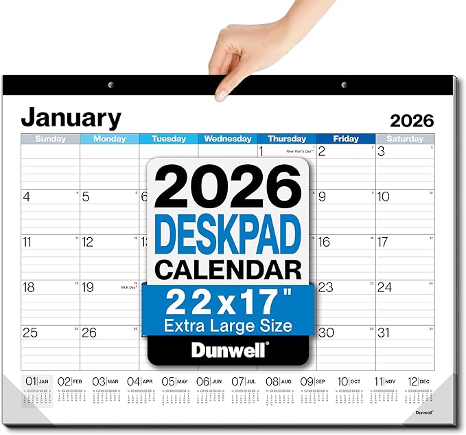 Dunwell 2026 Desk Calendar 22x17 (Blue), 22 x 17 Large Monthly Desk Blotter or Hanging Wall Calendar, Jan–Dec 2026, Lined Daily Blocks, Easy to Read