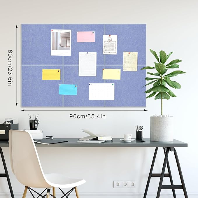 Large Cork Board 36" x 24", 6 Pack Felt Wall Tiles with Colored Pushpins, Bulletin Board with Removable Self-Adhesive Strips, Pin Board Cork Boards for Walls Office Home-Gray Blue