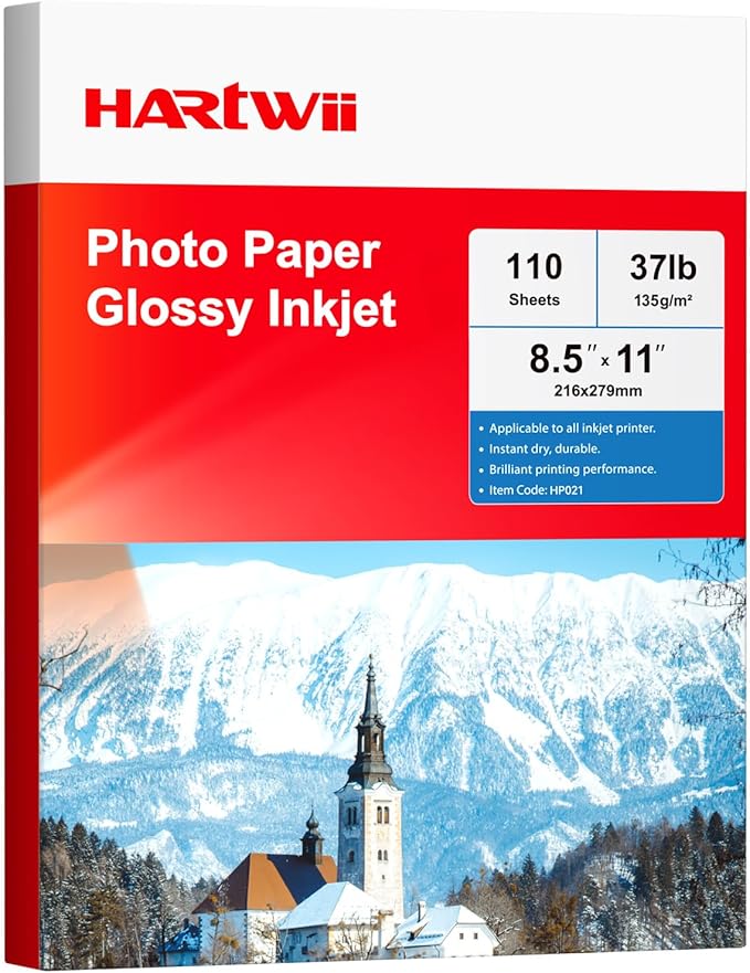 HARTWII Glossy Photo Paper 8.5x11 Inches, 110 Sheets Thin Inkjet Paper,135gsm 37lb Photo Paper for Inkjet Printer with Dye Ink for Brochures Flyers Custom Chip Bag Party Favors
