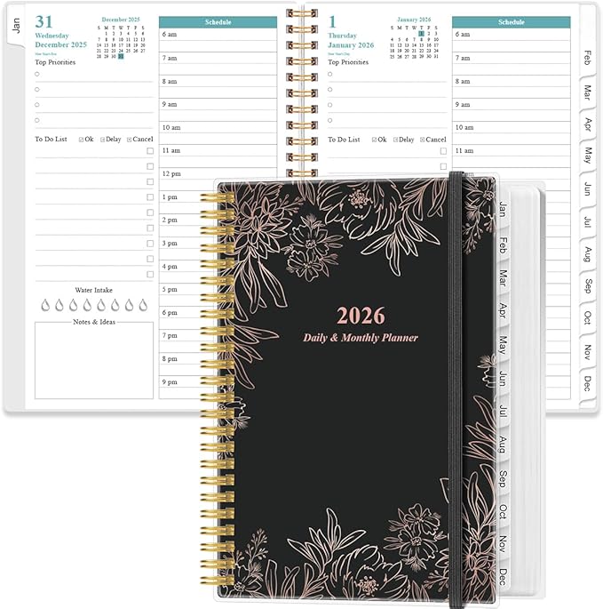 Daily Planner 2026 Full Page Per Day- 2026 Daily & Monthly Planner from January 2026 to December 2026, Day Planner 2026 with 12 Months Tabs, 6.4" x 8,5", Black Flowers